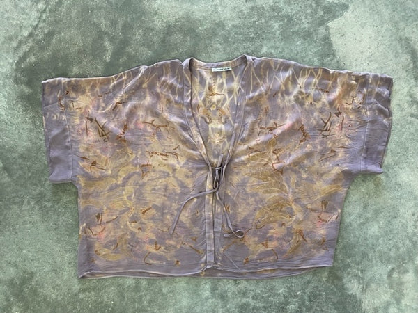 purple silk kimono jacket with eco print on concrete ground