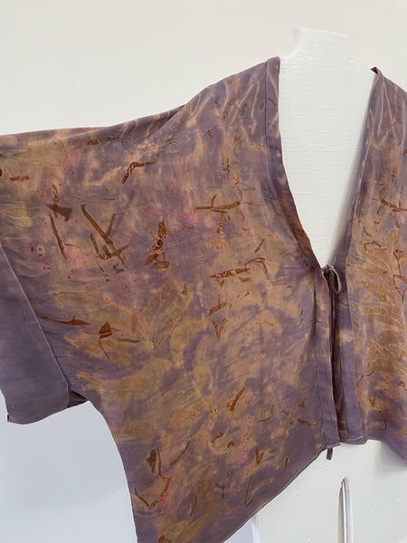 purple silk kimono jacket with eco print on white body form