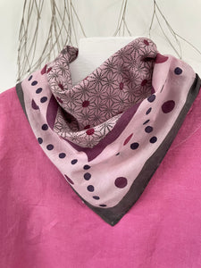pink bandana with Japanese kimono print and dots over pink shirt