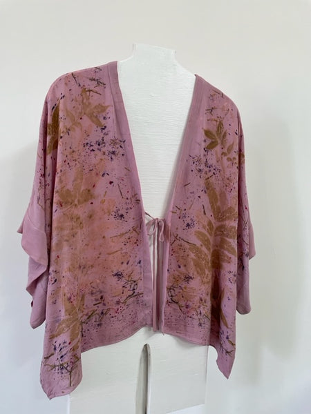 vibrant pink silk kimono jacket with eco print on white body form