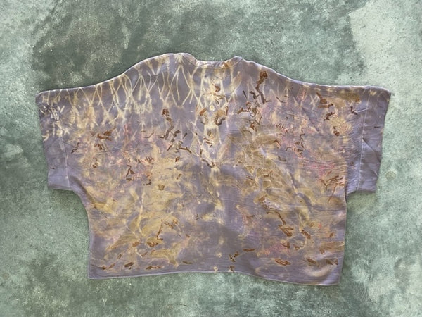 purple silk kimono jacket with eco print on concrete ground