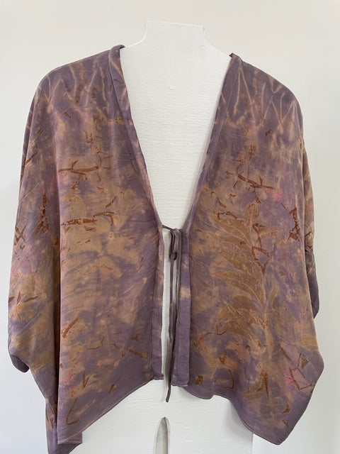 purple silk kimono jacket with eco print on white body form