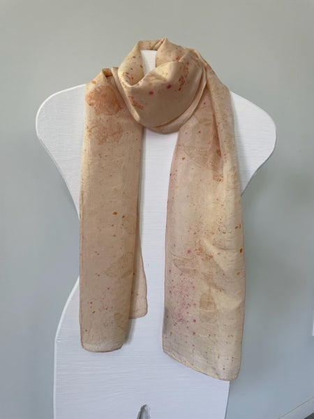 peach blush silk scarf with eco print on white body form