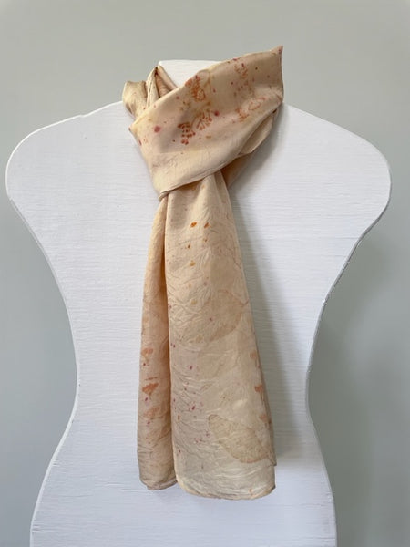 peach blush silk scarf with eco print on white body form