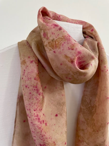 silk scarf pale pink with natural eco dye leaf print on white body form