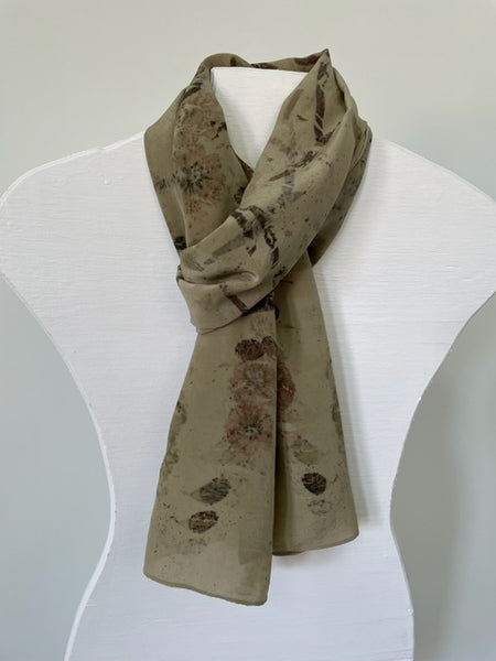 silk scarf medium taupe color with natural dye flower print on white body form