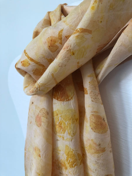 yellow orange dahlia natural dye silk scarf eco print