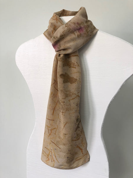 pale brown walnut natural dye silk scarf eco print oak leaves logowood